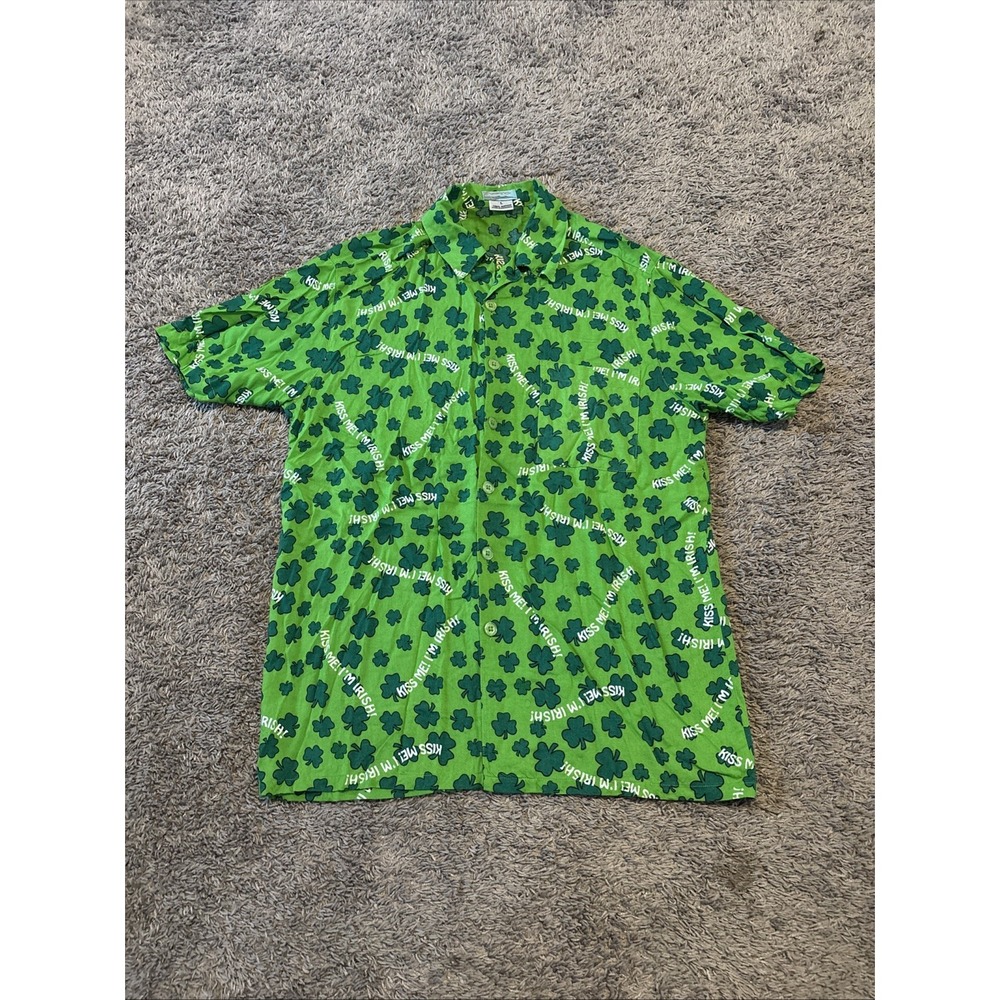 Vtg OTC Shirt Button up St Patricks Day‎ Kiss Me Irish Mens L Green Lucky Clover